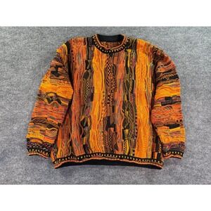 Vintage Tundra 3D Knit Sweater Mens XL Orange Retro 90s Hip Hop Coogi Style